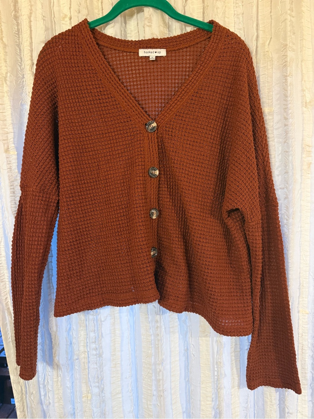 Hooked Up by IOT rust waffle-knit button-front cardigan